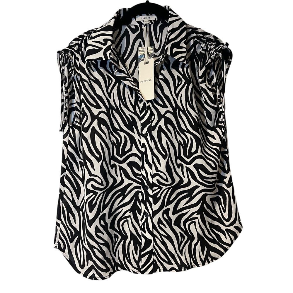Pleione‎ Black & White Zebra Print Sleeveless Blouse Button-Up Top NWT